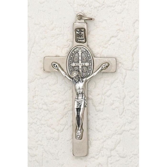 St. Benedict Silver-tone Crucifix Necklace on Dark Brown Cord