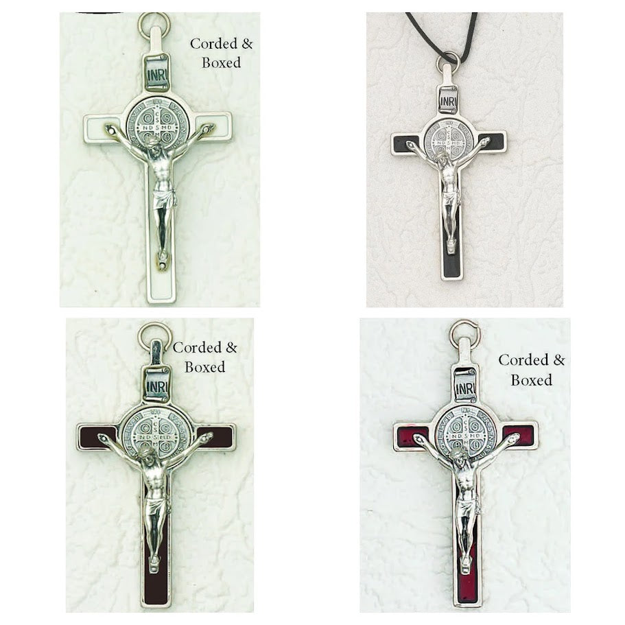 St. Benedict with Color Enamel Inlay, Crucifix - 3" Cross on Cord (Color Variants)