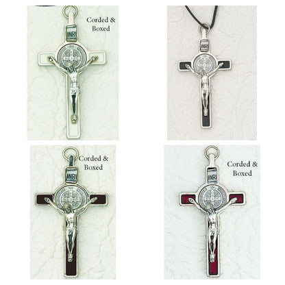 St. Benedict with Color Enamel Inlay, Crucifix - 3" Cross on Cord (Color Variants)