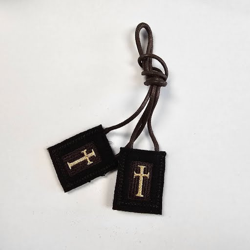 1 3/4" x 2" Genuine Brown Wool Scapular with Gold Embroidered Latin Crosses