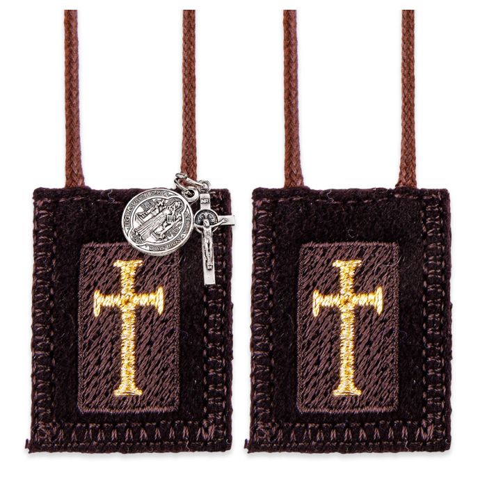 Brown Wool Scapular with Latin Cross and St. Benedict Medal and Crucifix