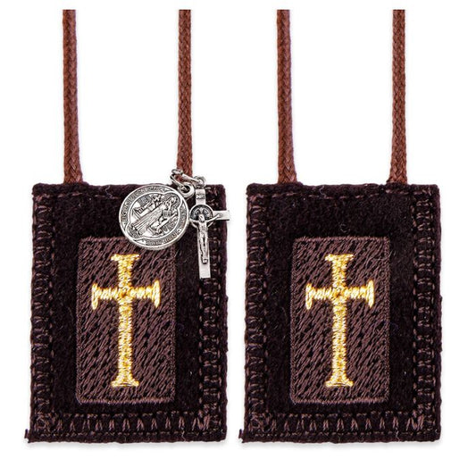 Brown Wool Scapular with Latin Cross and St. Benedict Medal and Crucifix