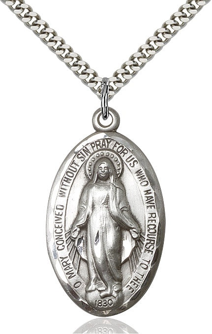 Sterling Silver Oval Miraculous Medal with 24" Rhodium Chain