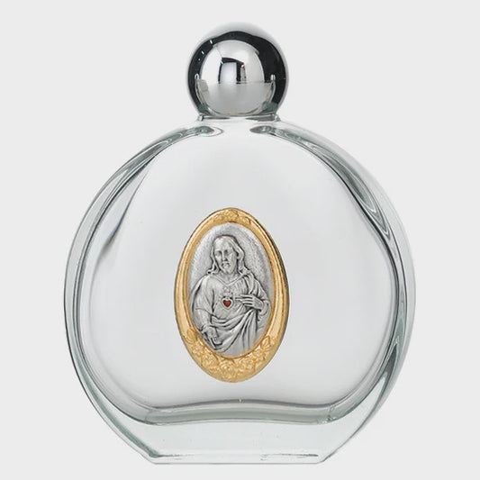 4 oz Holy Water Glass Bottle with Gold and Silver Sacred Heart of Jesus Emblem