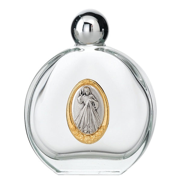 Divine Mercy 4 oz Holy Water Glass Water Bottle With Gold And Silver Emblem