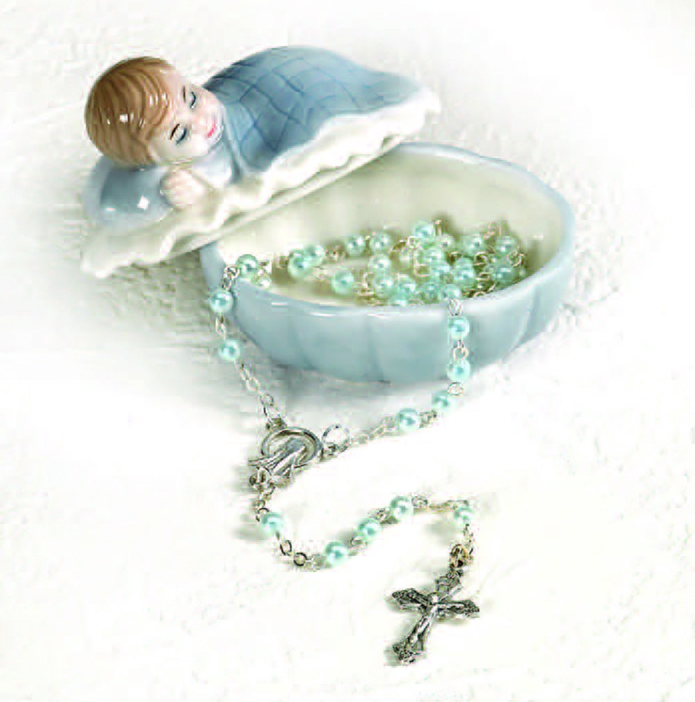 Porcelain Baby Keepsake Box with Rosary - (Style and Color Variants)