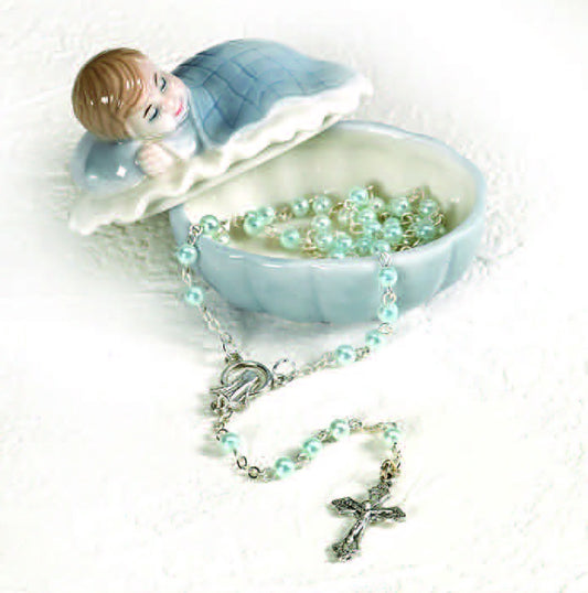 Porcelain Baby Keepsake Box with Rosary - (Style and Color Variants)