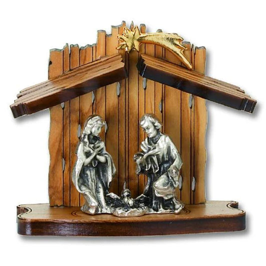 Olive Wood Nativity with Silver-Tone Figurines - 2.5"H