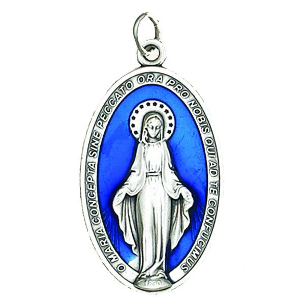 Miraculous Medal Silver Tone with Blue Enamel - 1.5"