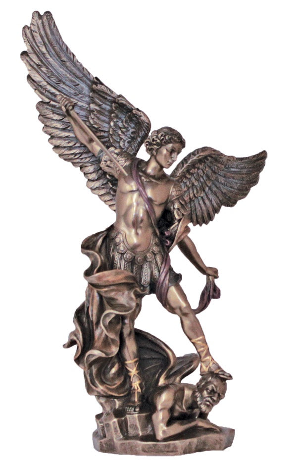St. Michael Statue, Cold-Cast Bronze, Lightly Hand-painted, 14.5inches