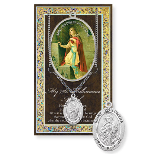 Saint Philomena Genuine Pewter Medal on a 18" Chain with Biography and Picture Folder