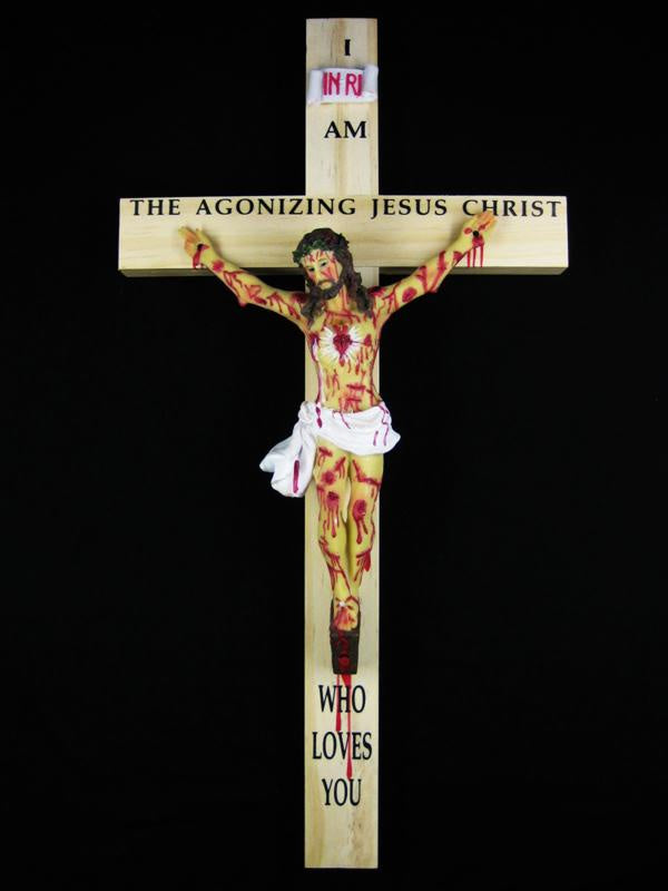 Agonizing Crucifix on PINE (Available in English, Spanish, Latin and More)