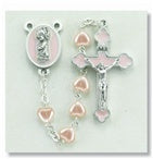 PINK HEART SHAPED ROSARY WITH ENAMELED PINK GIRL CENTER