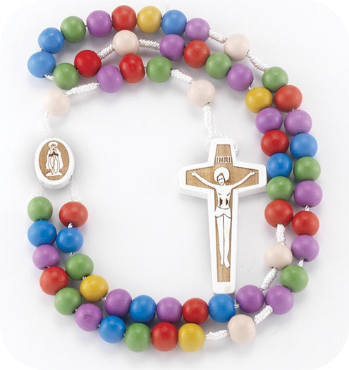 Multicolor cord Rosary with Wood Crucifix/Center and Beads+