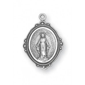 Oval Miraculous Medal in sterling silver with 18 inch stainless steel chain