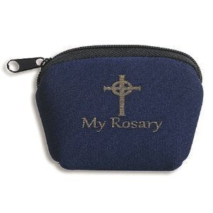 Catholic Gift Blue "My Rosary" Zippered Pouch Case With Stamped Gold Celtic Cross