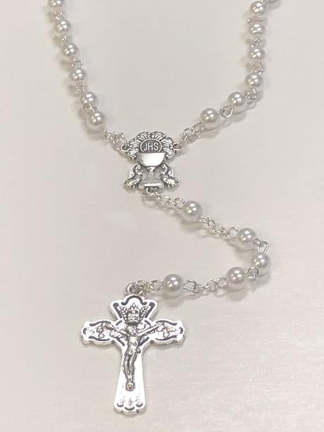 First Communion Imitation Pearl Glass Rosary With Silver Toned Chalice Center