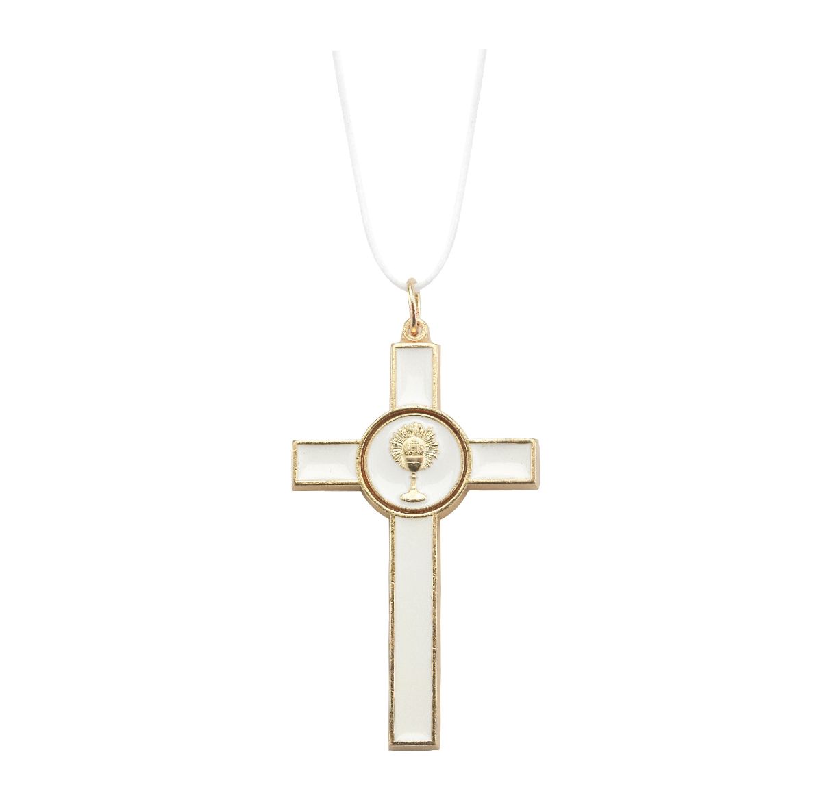 3" White Epoxied Communion Cross on a White Cord