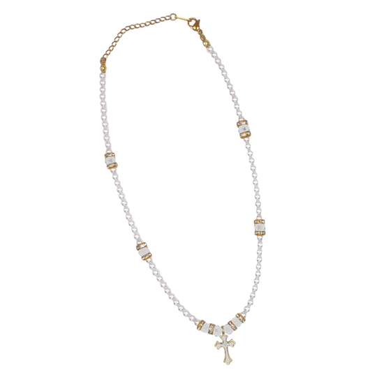 Faux Pearl White Cross Necklace