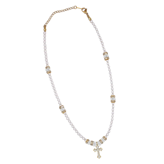 Faux Pearl White Cross Necklace