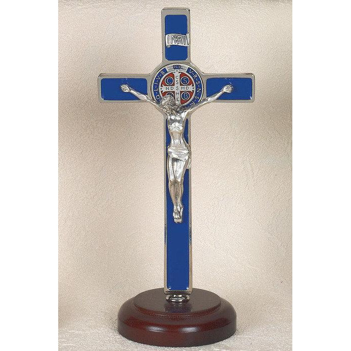 St. Benedict Enameled Cross - Enameled Two-Tone Medal - On Wooden Base