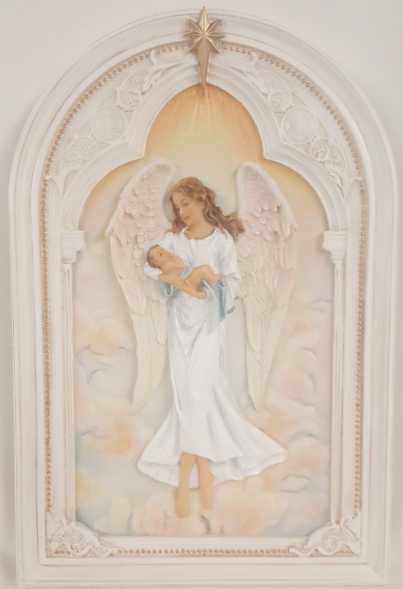 Guardian Angel with Baby Plaque, Hand-Painted Pastels, 6x9"