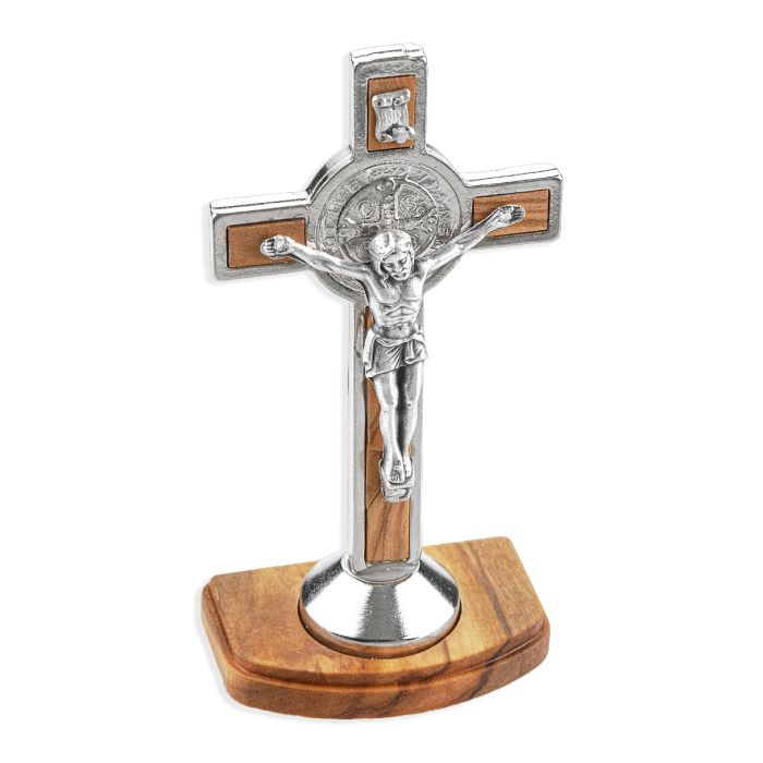 St. Benedict Olive Wood Inlay Standing Crucifix - 3 1/2"