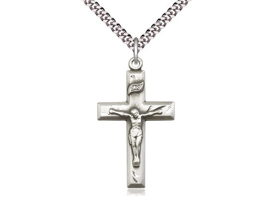 Sterling Silver Crucifix Medal on Rhodium Curb Chain