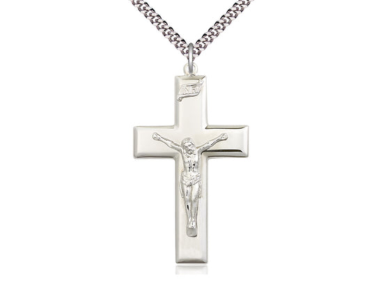 Large Polished Sterling Silver Crucifix Necklace