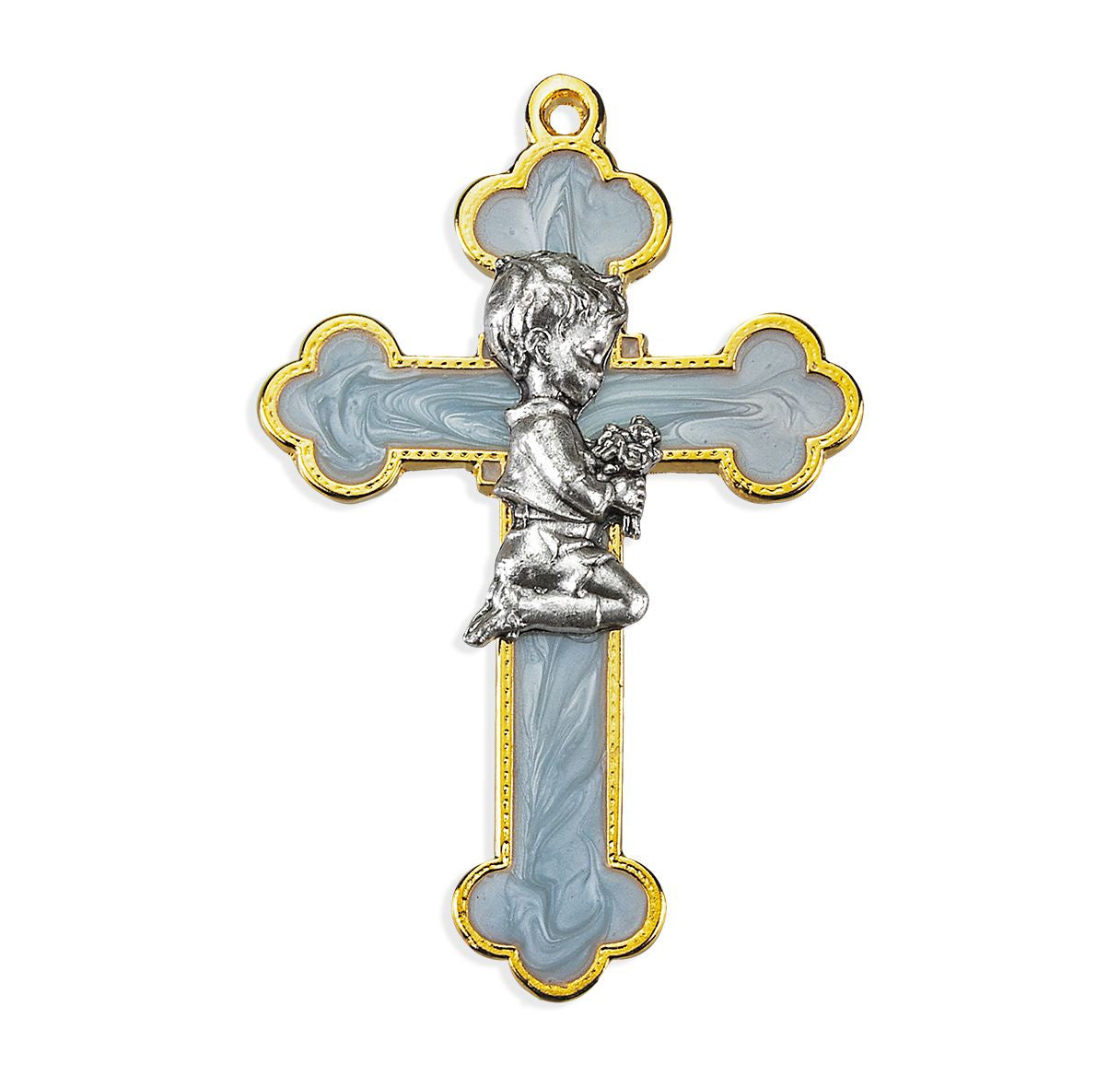 Enameled Cross with a Praying Child Figure - Available for Boy or Girl and Different Styles