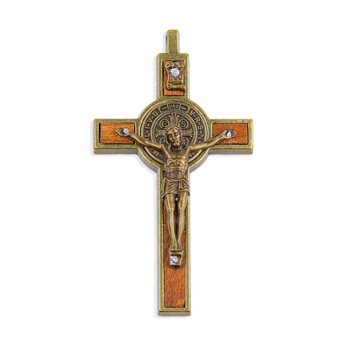 3 1/2" St Benedict Crucifix with Mahogany Wood Inlay in Antiqed Bronze Finish