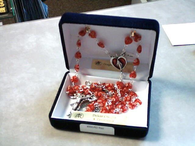 Red Heart Rosary with red enamel center and deluxe crucifix