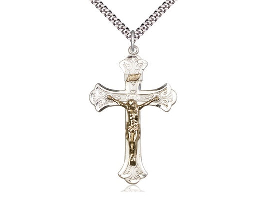 Two Tone Crucifix Medal on 24" Chain