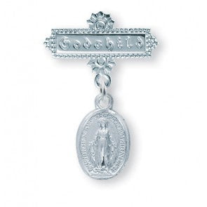 Sterling Silver Oval Baby Miraculous Medal on a Godchild Bar Pin