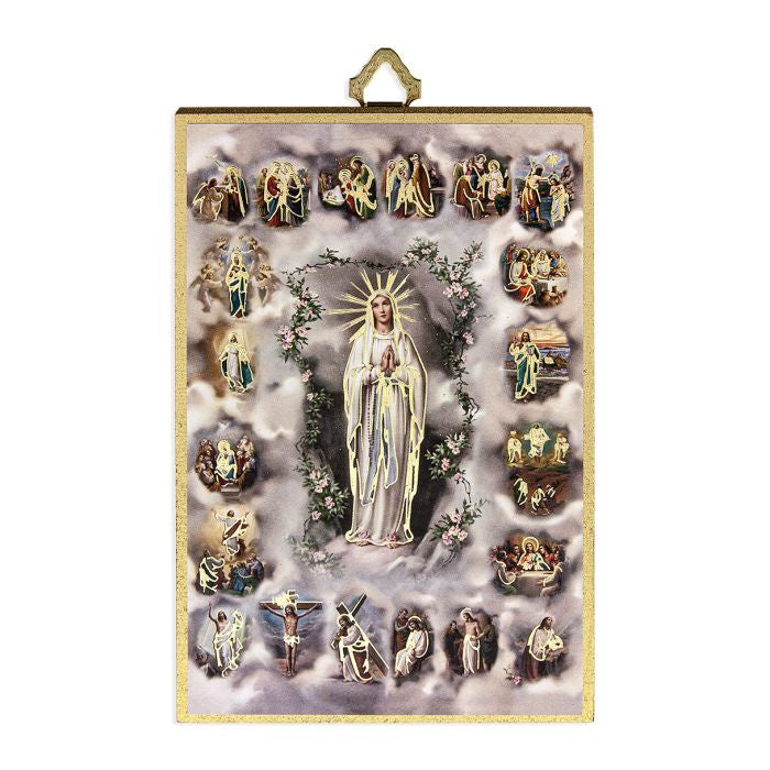 Mysteries of the Holy Rosary Gold Foil Mosaic Wood Plaque