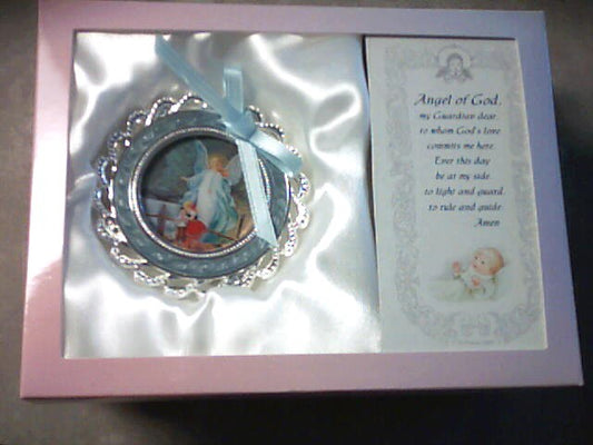 Guardian Angel crib medal with blue enamel and ribbon