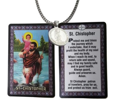 St. Christopher: Stainless Steel Medal Necklace 20″ Chain and Holy Card