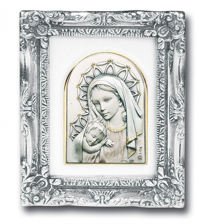 Antique Silver Leaf Resin Frame with Sterling Silver Madonna and Child Image