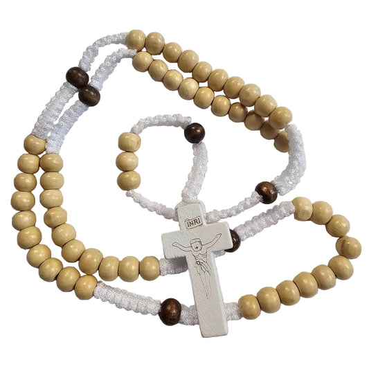 White Cord Wood Bead Rosary