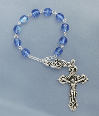 Rosary one decade with sapphire beads and rosebud center