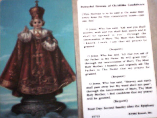 Powerful Novena of Childlike Confidence - Infant of Prague holy card