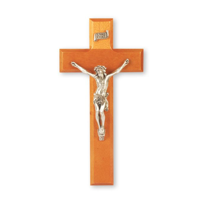 9" Natural Cherry Wood Crucifix with Antiqued Fine Pewter Corpus