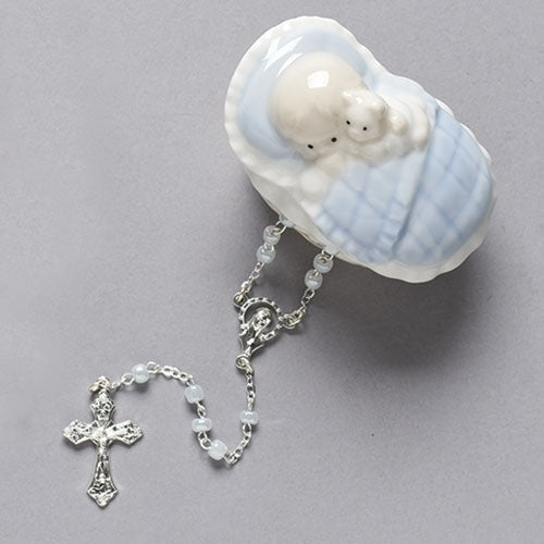 Baby  Porcelain Crib Keepsake Box with Rosary - Available for Boy or Girl