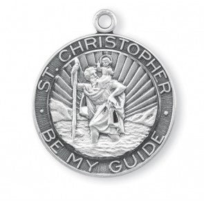 St. Christopher sterling silver medal with rays - Large, round medal with 24 inch stainless steel chain