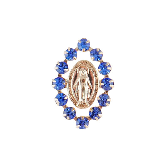 Miraculous Medal Lapel Pin With Blue Austrian Crystal Stones