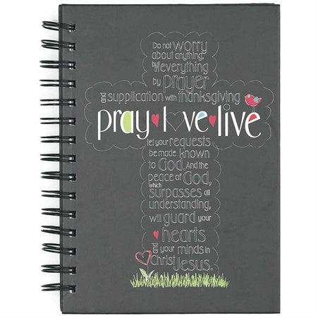 Spiral Prayer Journal in black with "Pray, Love, Live " on cover