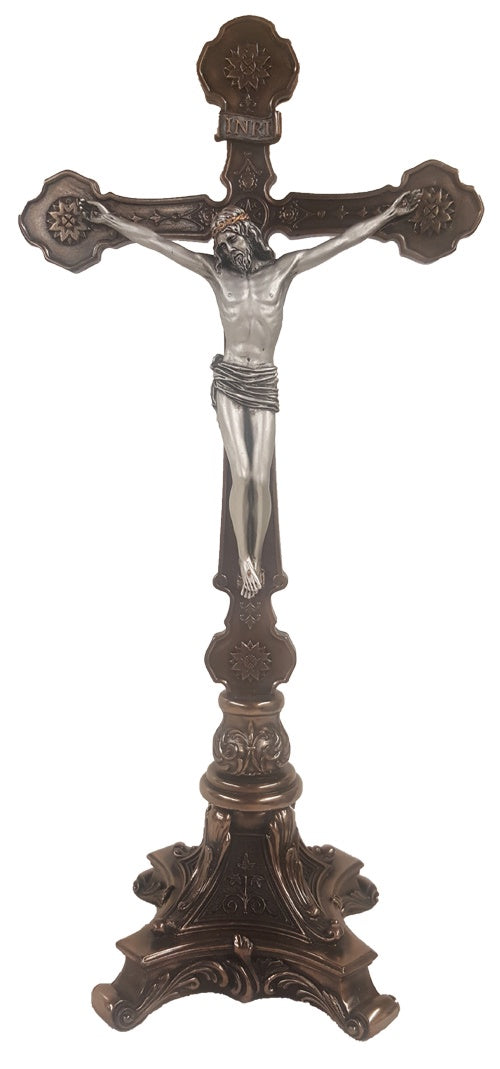 A Veronese standing crucifix with a pewter style corpus and a bronze cross, 13".