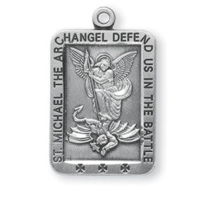 St. Michael the Archangel square sterling silver medal with prayer around the edge, includes 24 inch stainless steel chain