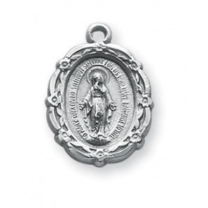 Sterling Silver Miraculous Medal with fancy edge with 18 inch stainless steel chain