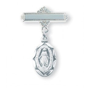 Sterling Silver Oval Miraculous Medal with etched edge on bar pin